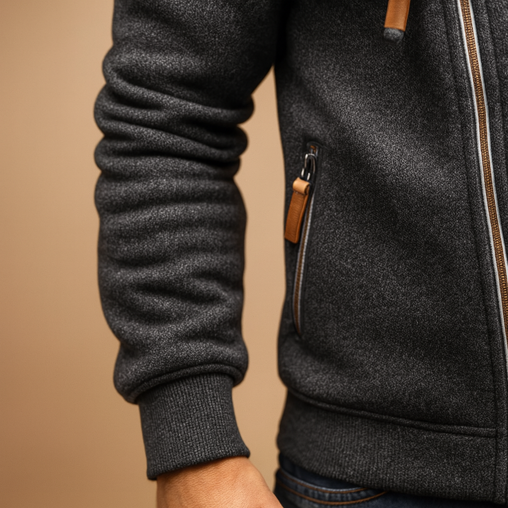 Men’s hooded cardigan with pockets, soft warm feel, and modern design for casual or semi-formal autumn and winter outfits.