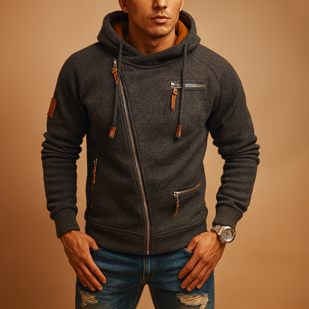 Men’s hooded cardigan with pockets, soft warm feel, and modern design for casual or semi-formal autumn and winter outfits.