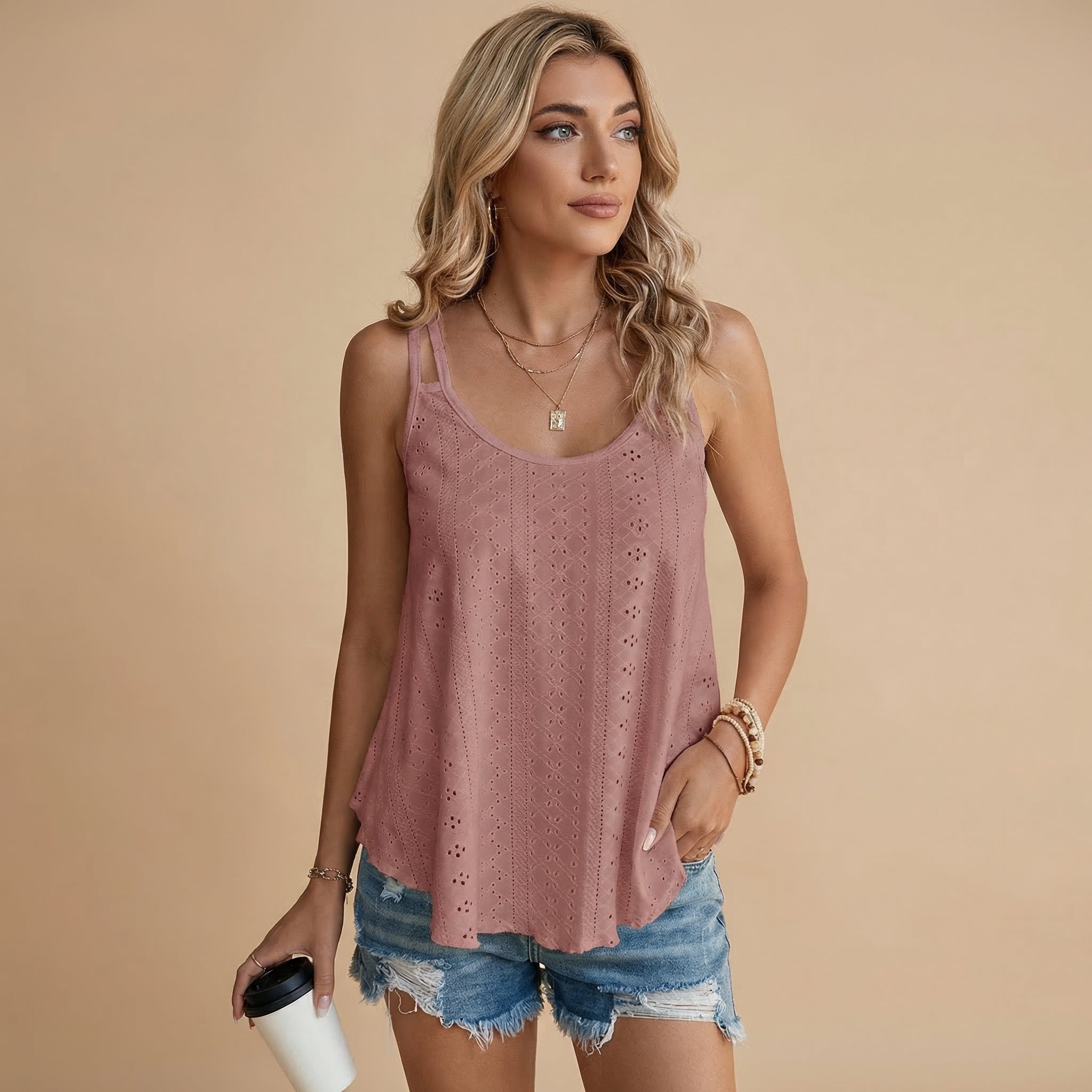Lace V-neck sleeveless top for women with fine lace details and thin straps, perfect for casual days or elegant layered looks.