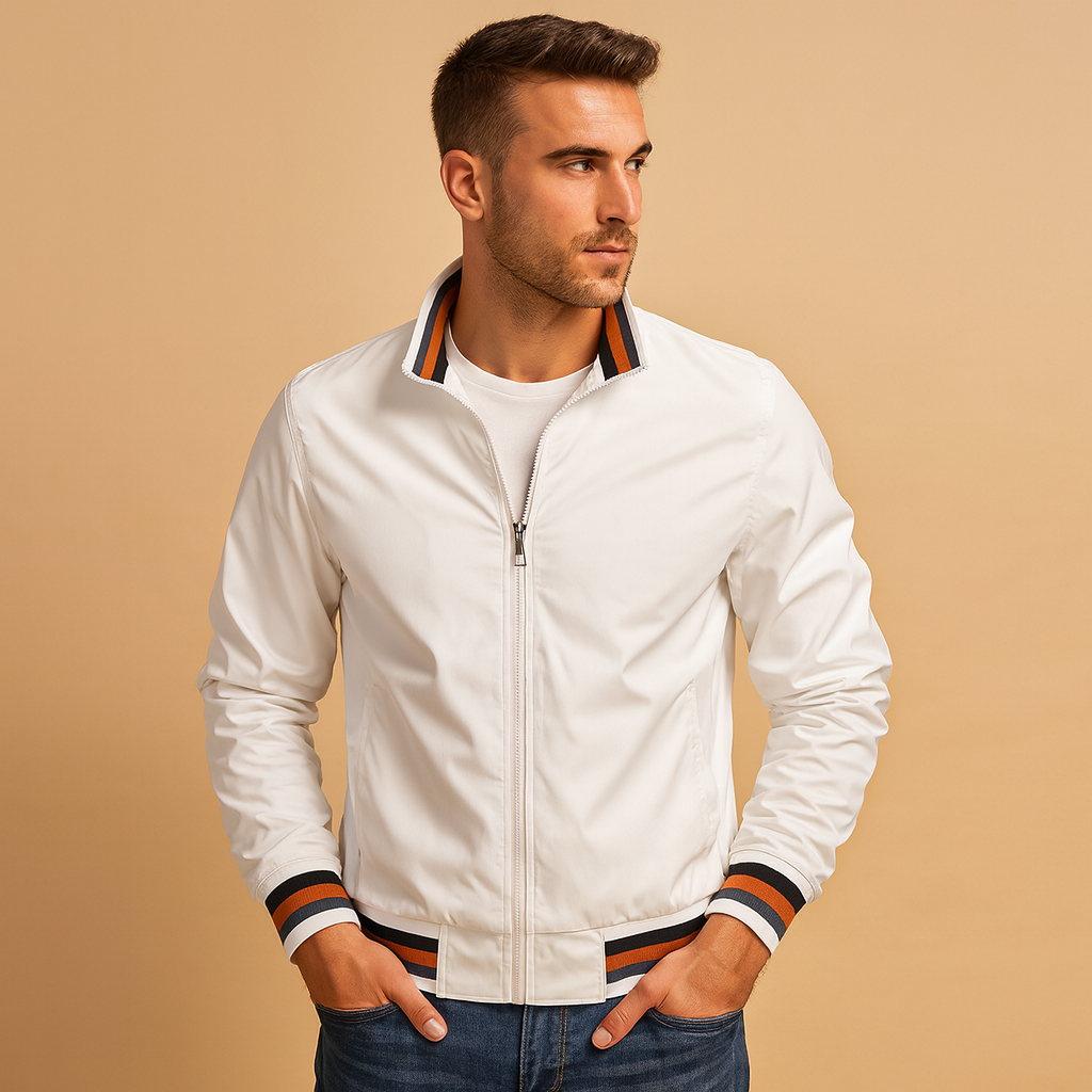 Men’s lightweight summer jacket with breathable fabric and zip closure, suitable for casual and formal wear during warm seasons.