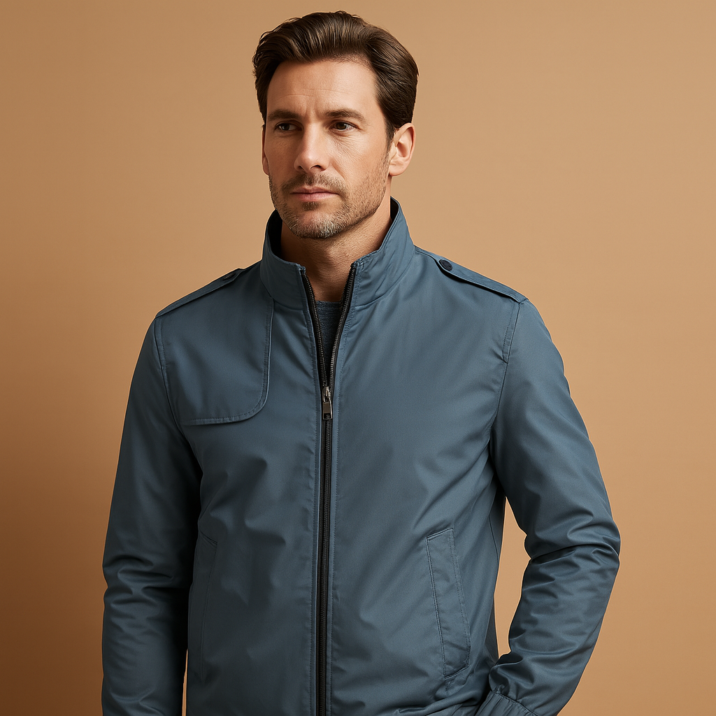 Men’s lightweight summer jacket with a stand collar and practical pockets, suitable for daily wear, city walks, and evening outings.