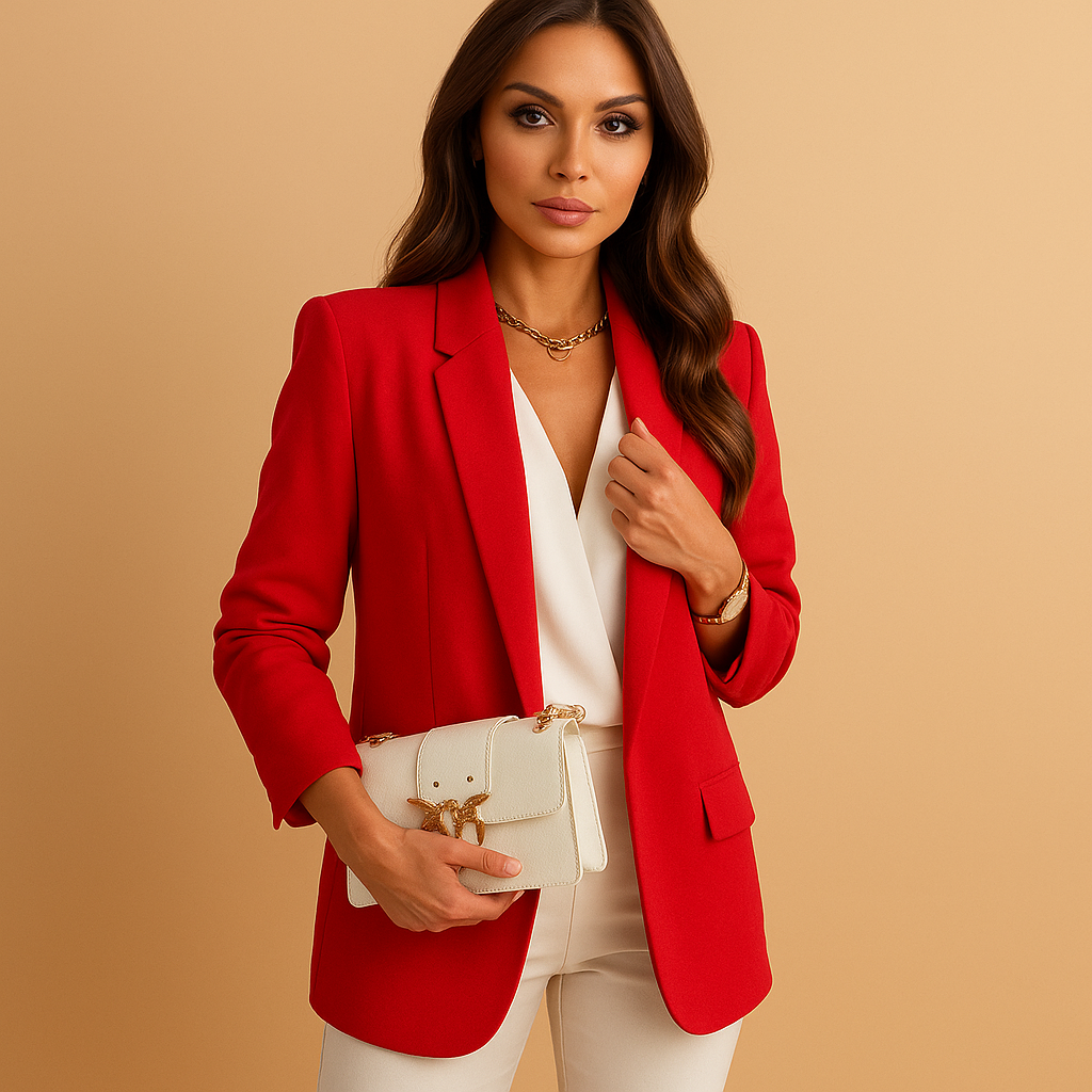Women’s long blazer with a structured silhouette and classic lapels, ideal for office wear, business meetings, and formal outfits.