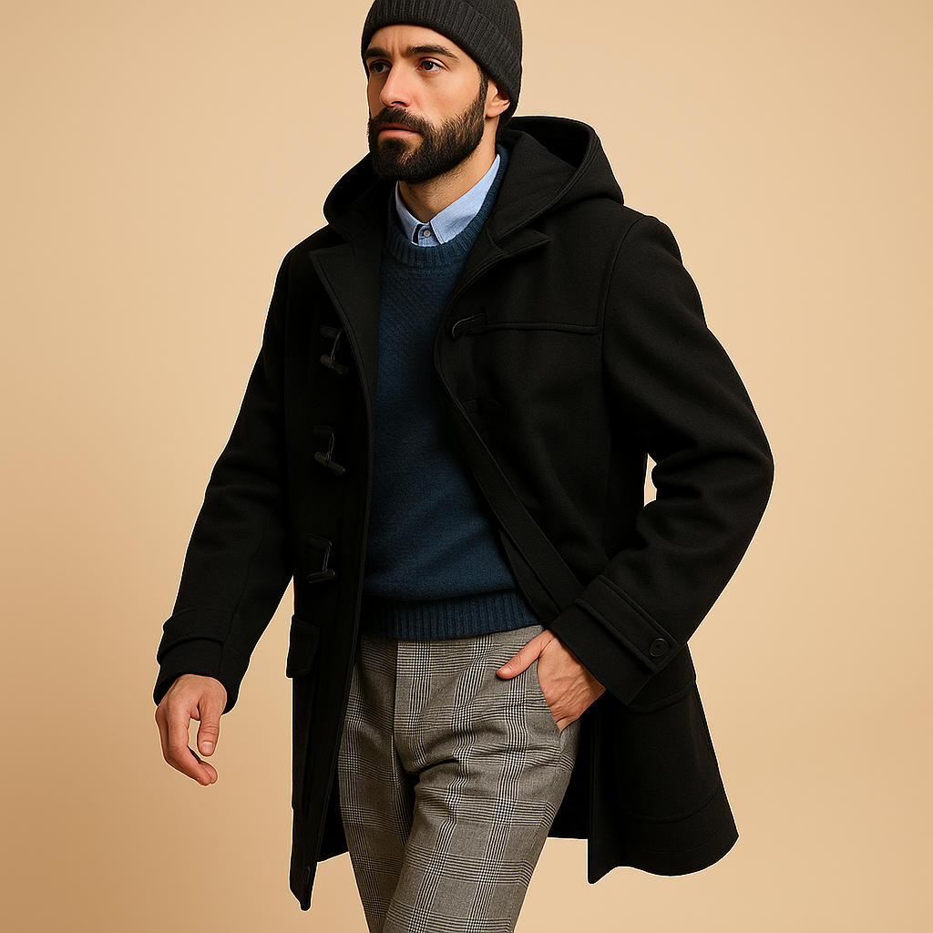 Men’s premium long winter coat with extended cut and timeless design, suitable for work, winter walks, and everyday cold-weather wear.