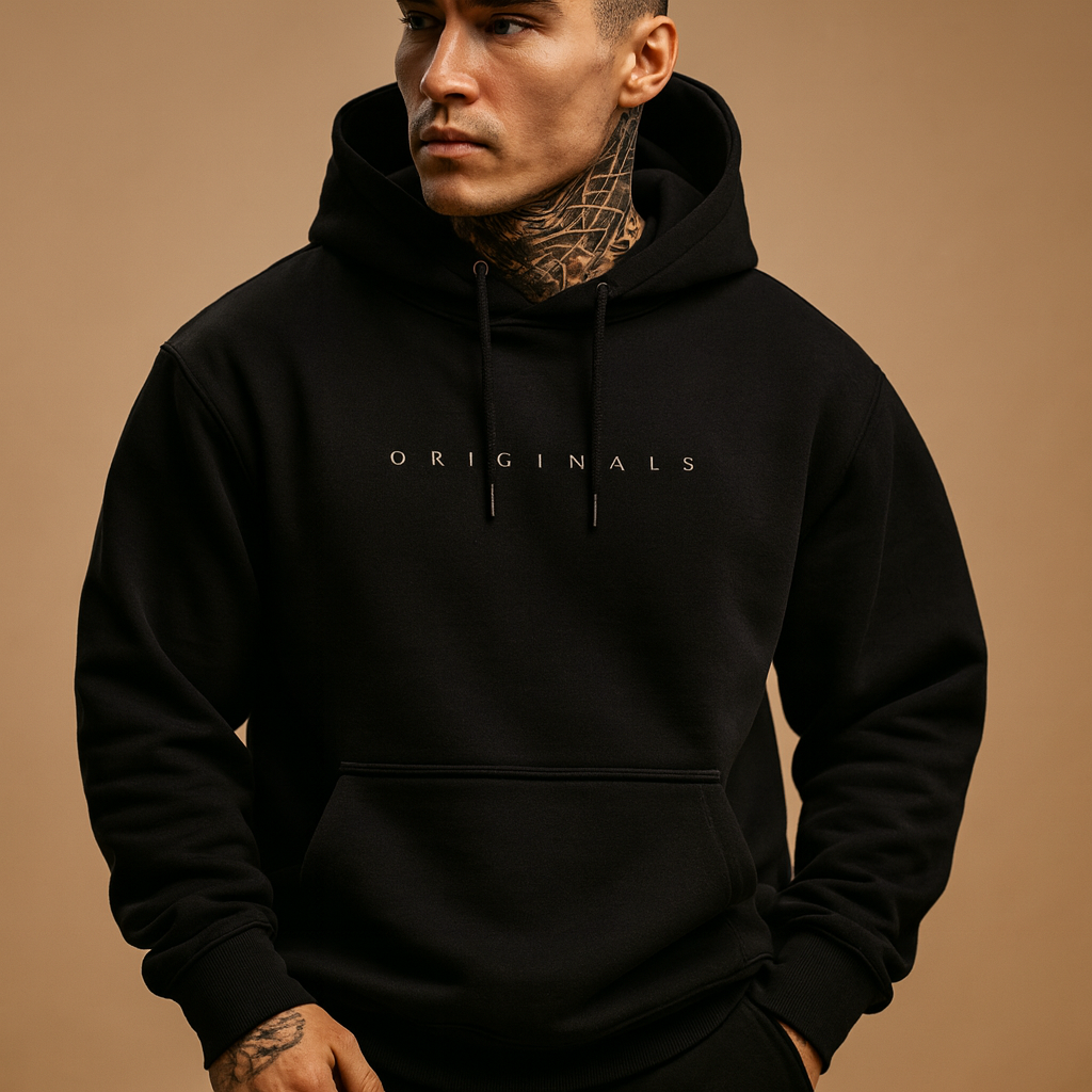 Men’s modern hooded hoodie in black, white, and yellow with a clean design, ideal for casual and sporty wear.