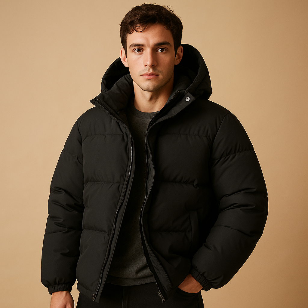 Men’s modern puffer jacket with hood and quilted insulation, suitable for daily wear, travel, and winter outdoor activities.