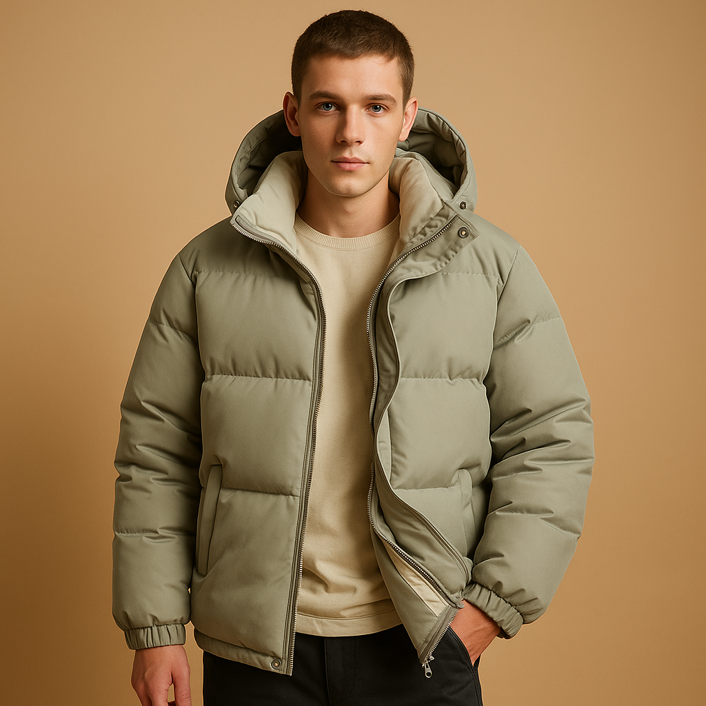 Men’s modern puffer jacket with hood and quilted insulation, suitable for daily wear, travel, and winter outdoor activities.
