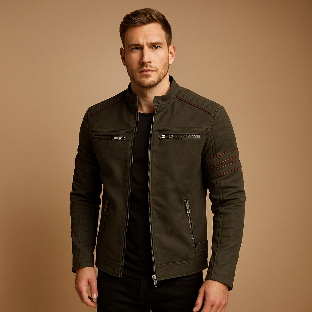 Men’s premium biker jacket with a structured fit and weather resistant finish, suitable for motorcycle rides, casual evenings, and everyday wear.