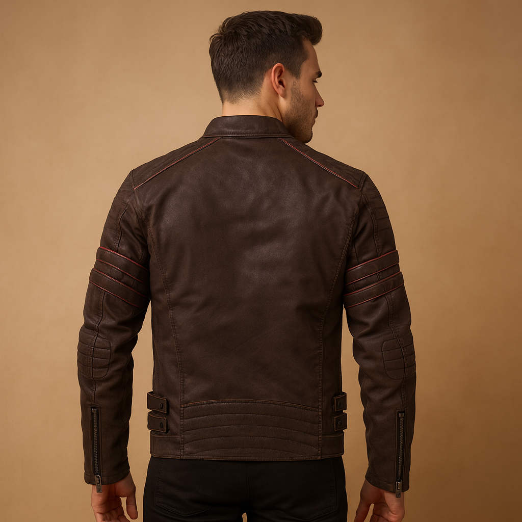 Men’s premium biker jacket with a structured fit and weather resistant finish, suitable for motorcycle rides, casual evenings, and everyday wear.