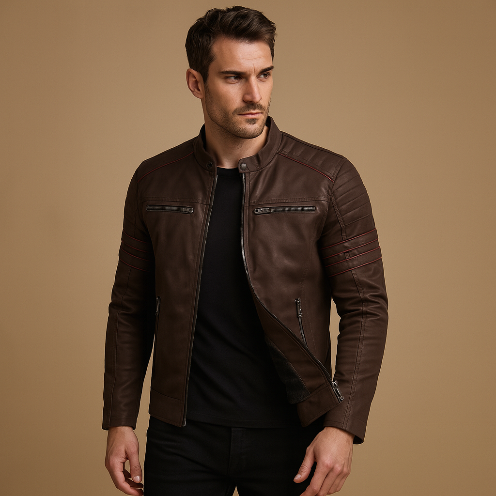 Men’s premium biker jacket with a structured fit and weather resistant finish, suitable for motorcycle rides, casual evenings, and everyday wear.
