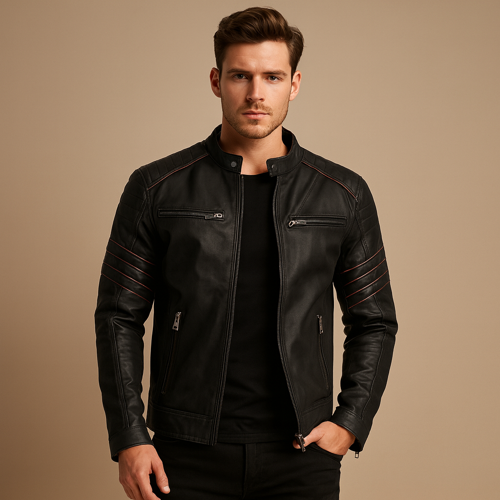Men’s premium biker jacket with a structured fit and weather resistant finish, suitable for motorcycle rides, casual evenings, and everyday wear.