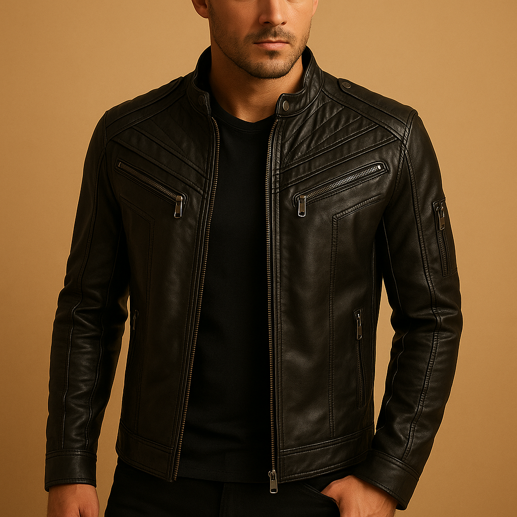 Men’s quilted jacket with a stand up collar, zip pockets, and a comfortable fit, suitable for casual outfits and formal occasions.