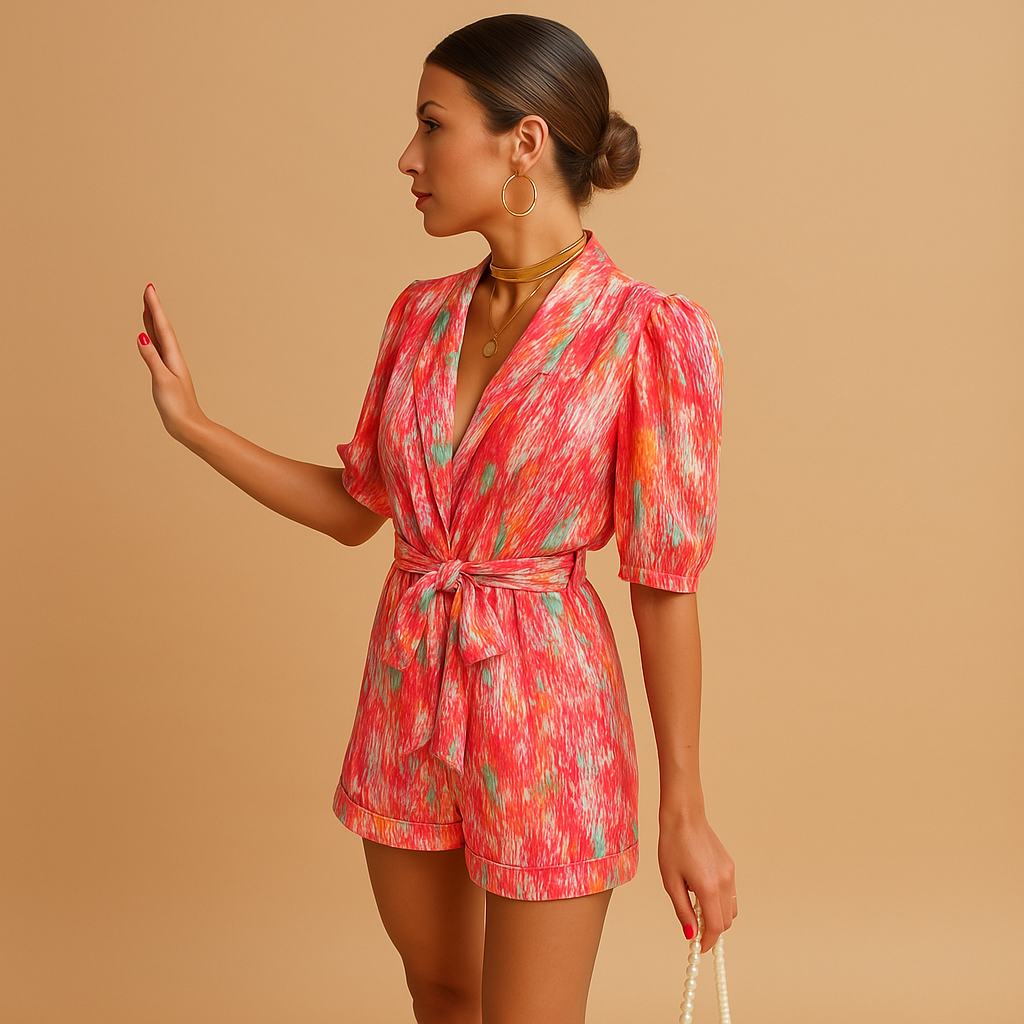 Short summer jumpsuit for women with a vibrant print and belted waist, perfect for warm days, vacations, and evening outings.
