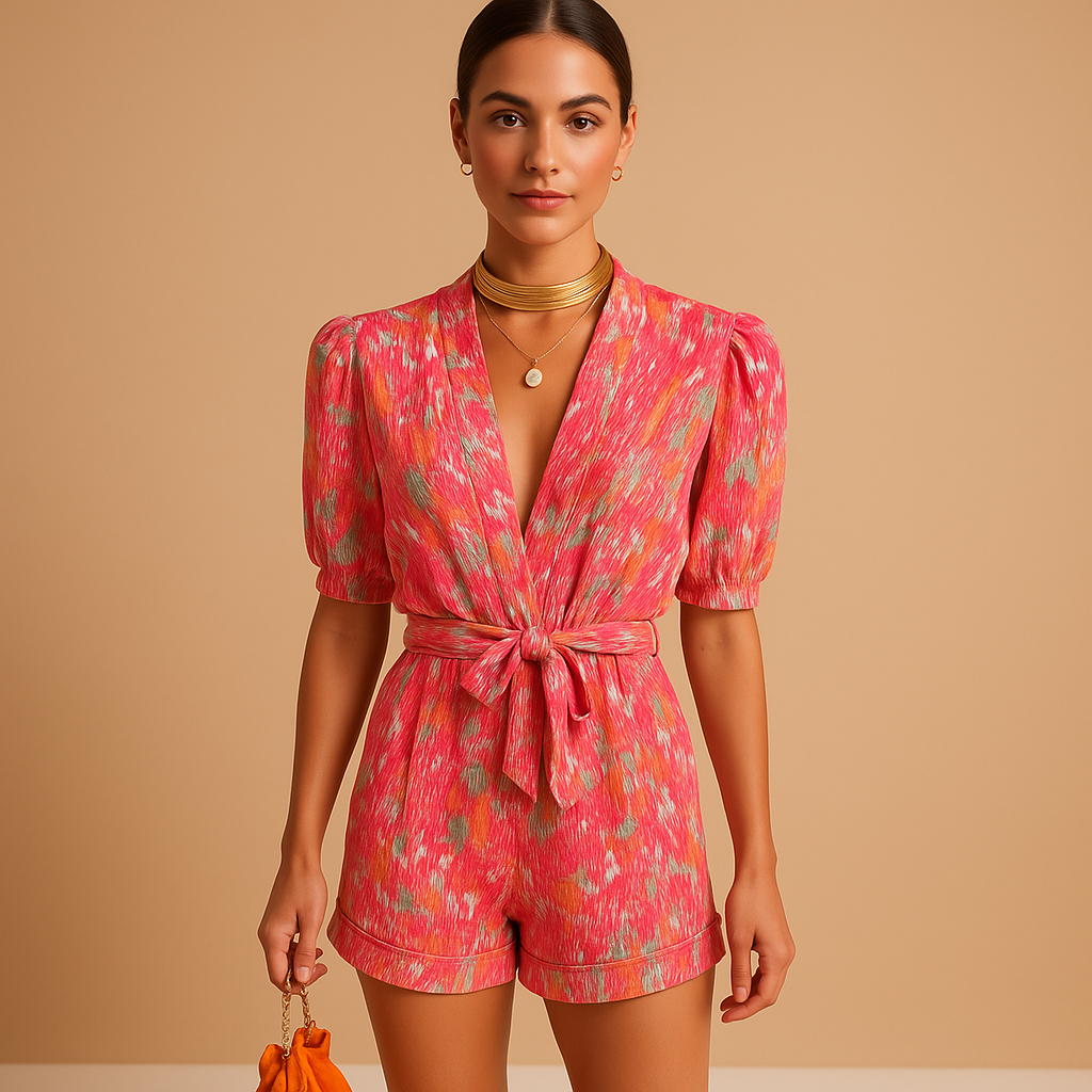 Short summer jumpsuit for women with a vibrant print and belted waist, perfect for warm days, vacations, and evening outings.
