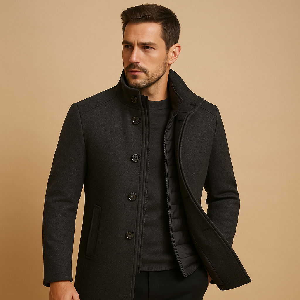 Men’s single breasted wool winter coat with a tailored fit and mandarin collar, suitable for formal occasions and everyday wear in colder seasons.