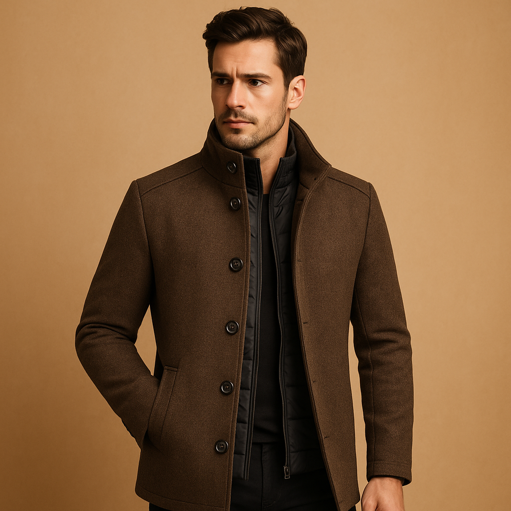 Men’s single breasted wool winter coat with a tailored fit and mandarin collar, suitable for formal occasions and everyday wear in colder seasons.