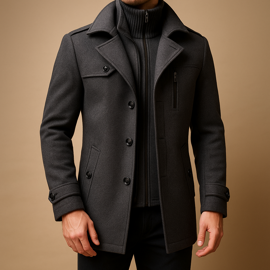Men’s slim fit winter coat with a tailored silhouette, practical pockets, and a sleek closure, suitable for formal occasions and everyday wear.