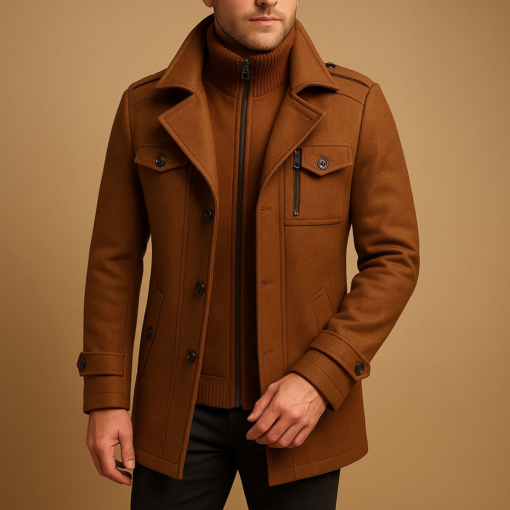 Men’s slim fit winter coat with a tailored silhouette, practical pockets, and a sleek closure, suitable for formal occasions and everyday wear.