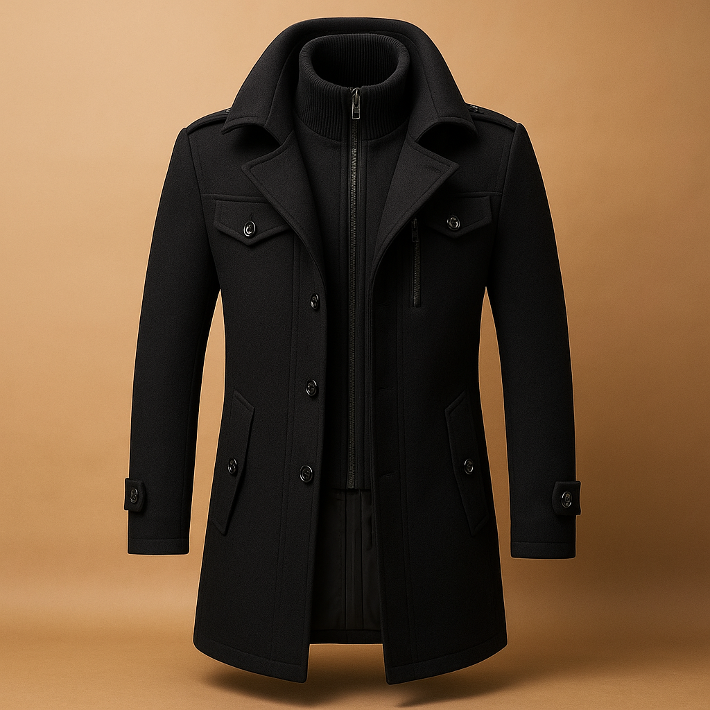 Men’s slim fit winter coat with a tailored silhouette, practical pockets, and a sleek closure, suitable for formal occasions and everyday wear.