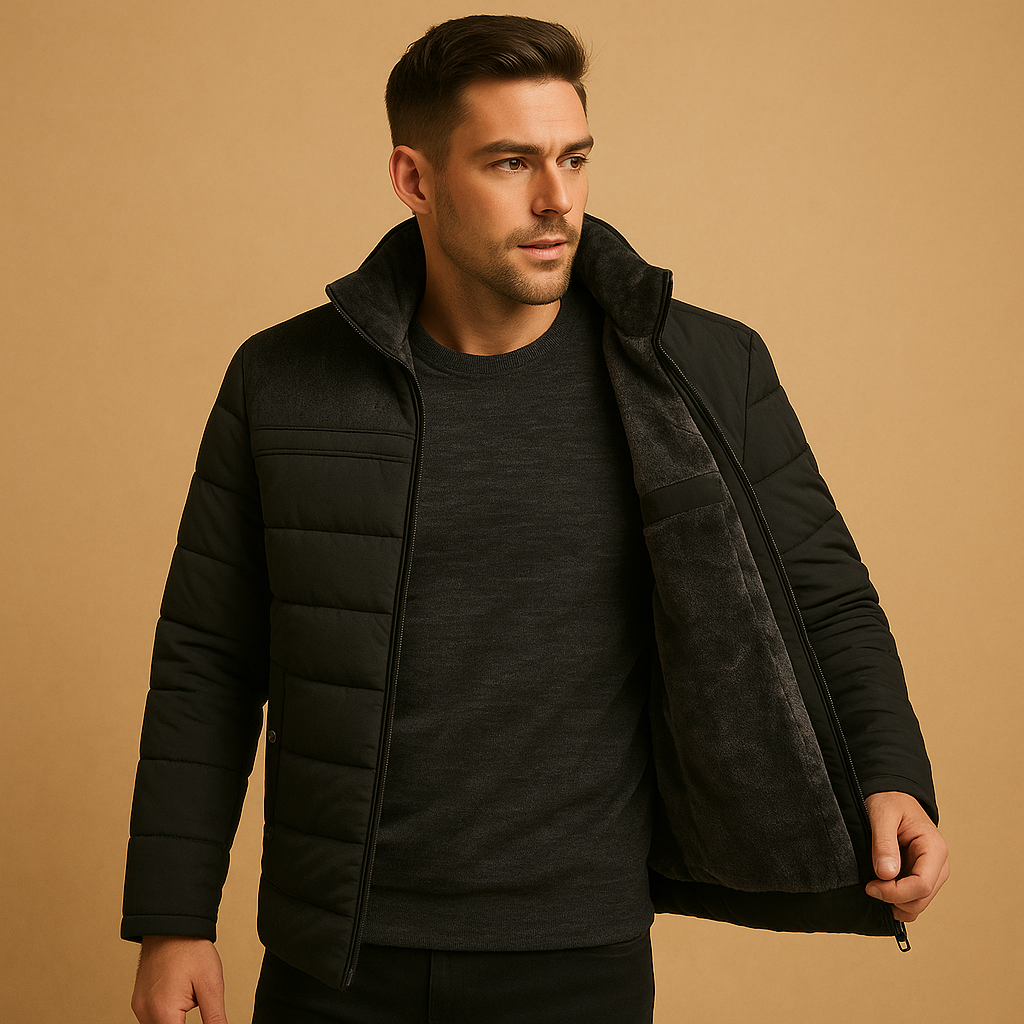 Men’s fleece jacket with soft inner lining, high collar, and zip pockets, suitable for everyday wear and outdoor use.