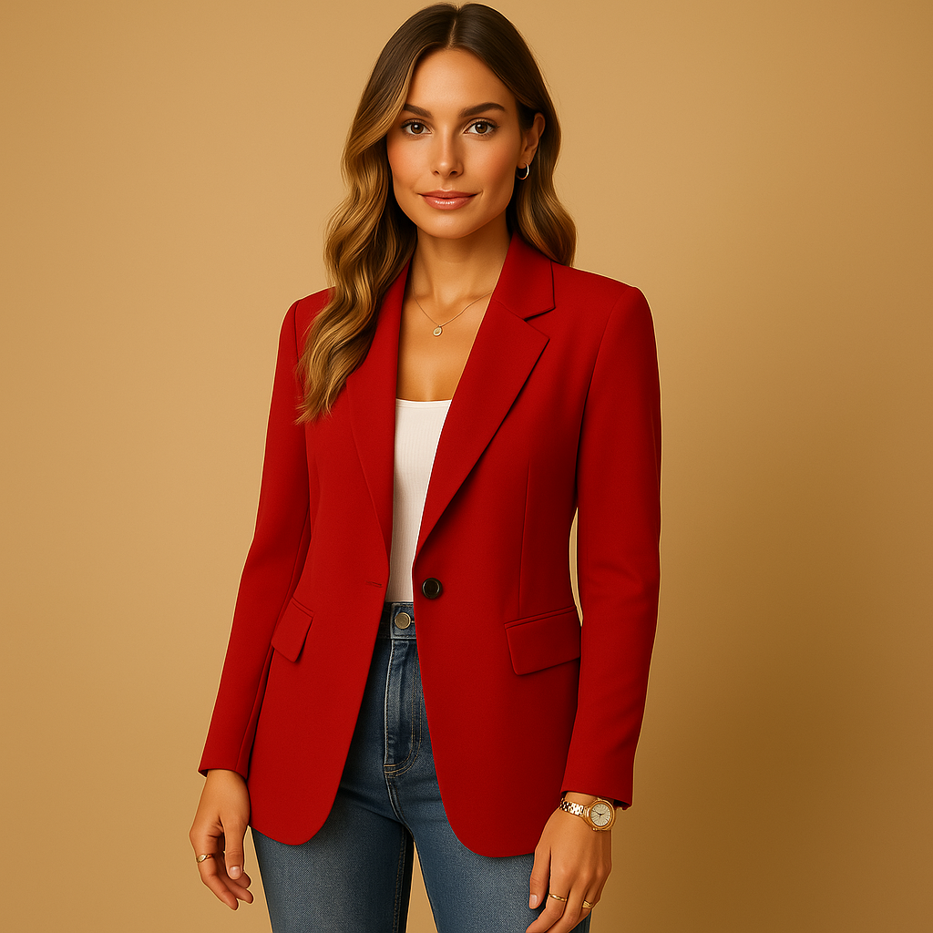 Woman wearing a tailored stretch blazer with a classic fitted shape, suitable for work, formal occasions, or everyday outfits.