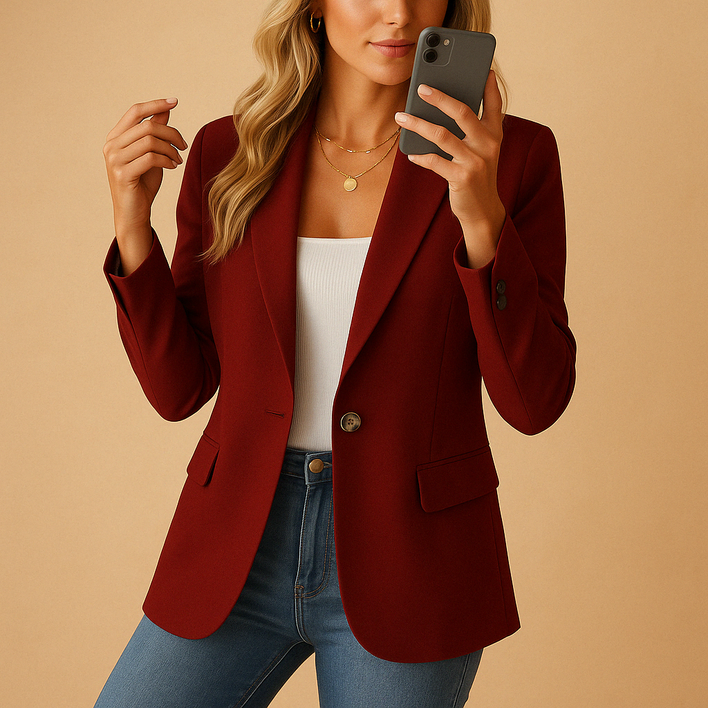 Woman wearing a tailored stretch blazer with a classic fitted shape, suitable for work, formal occasions, or everyday outfits.