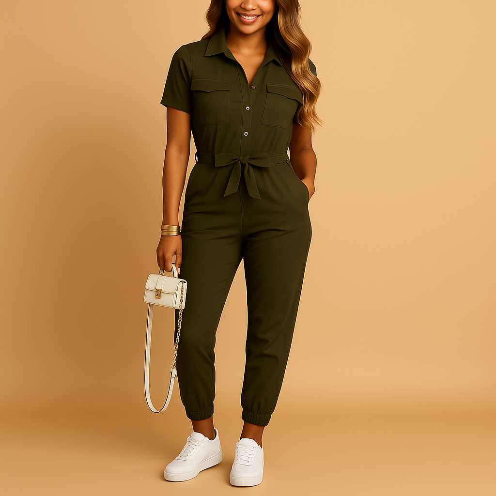 Tailored button jumpsuit for women with a fitted silhouette and refined details, ideal for work, brunch, and evening outings.