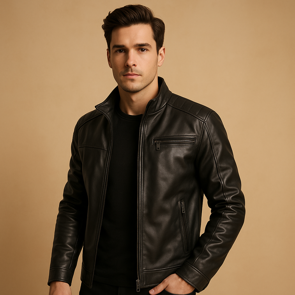 Men’s timeless biker jacket with zipper details, shoulder accents, and a tailored fit, suitable for everyday wear and motorcycle rides.