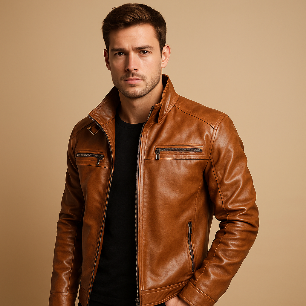 Men’s timeless biker jacket with zipper details, shoulder accents, and a tailored fit, suitable for everyday wear and motorcycle rides.