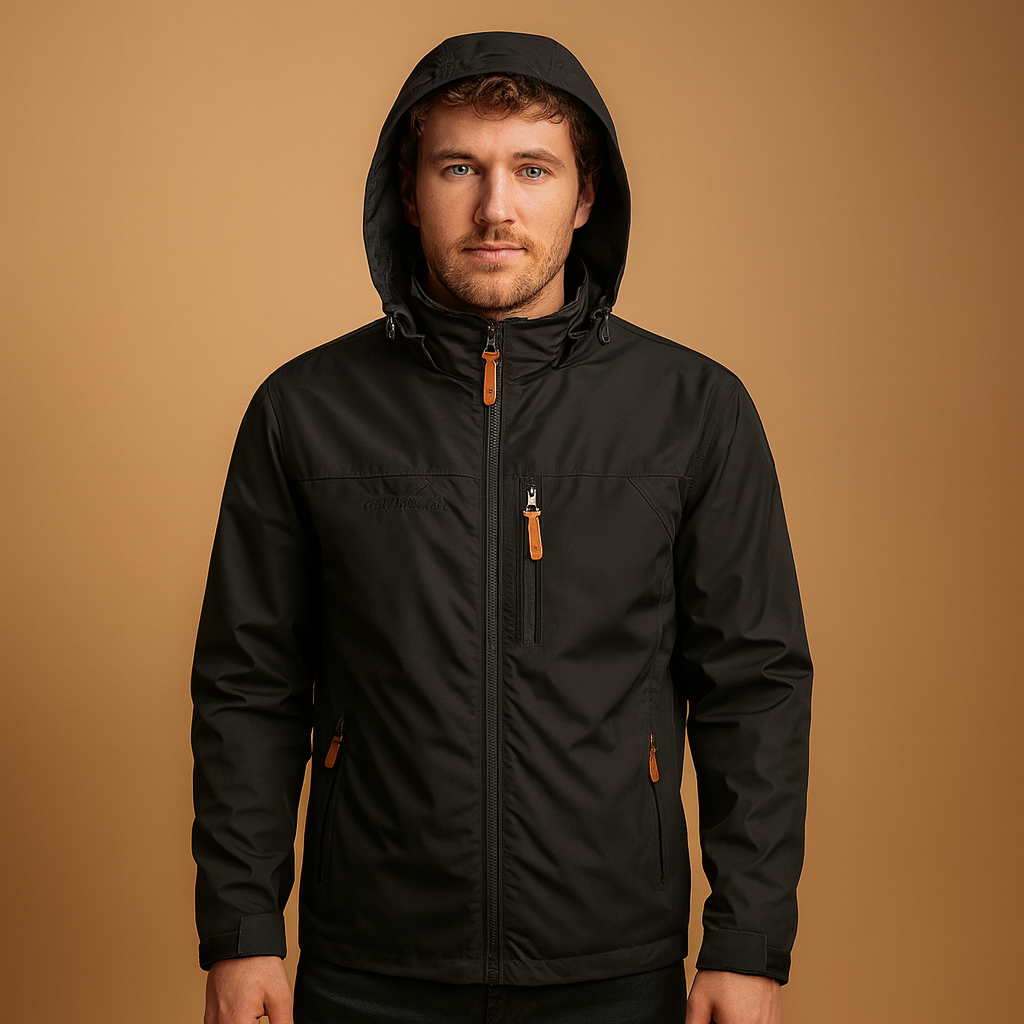 Men’s versatile waterproof rain jacket with adjustable hood and lightweight breathable design, suitable for daily wear, city walks, and outdoor activities.