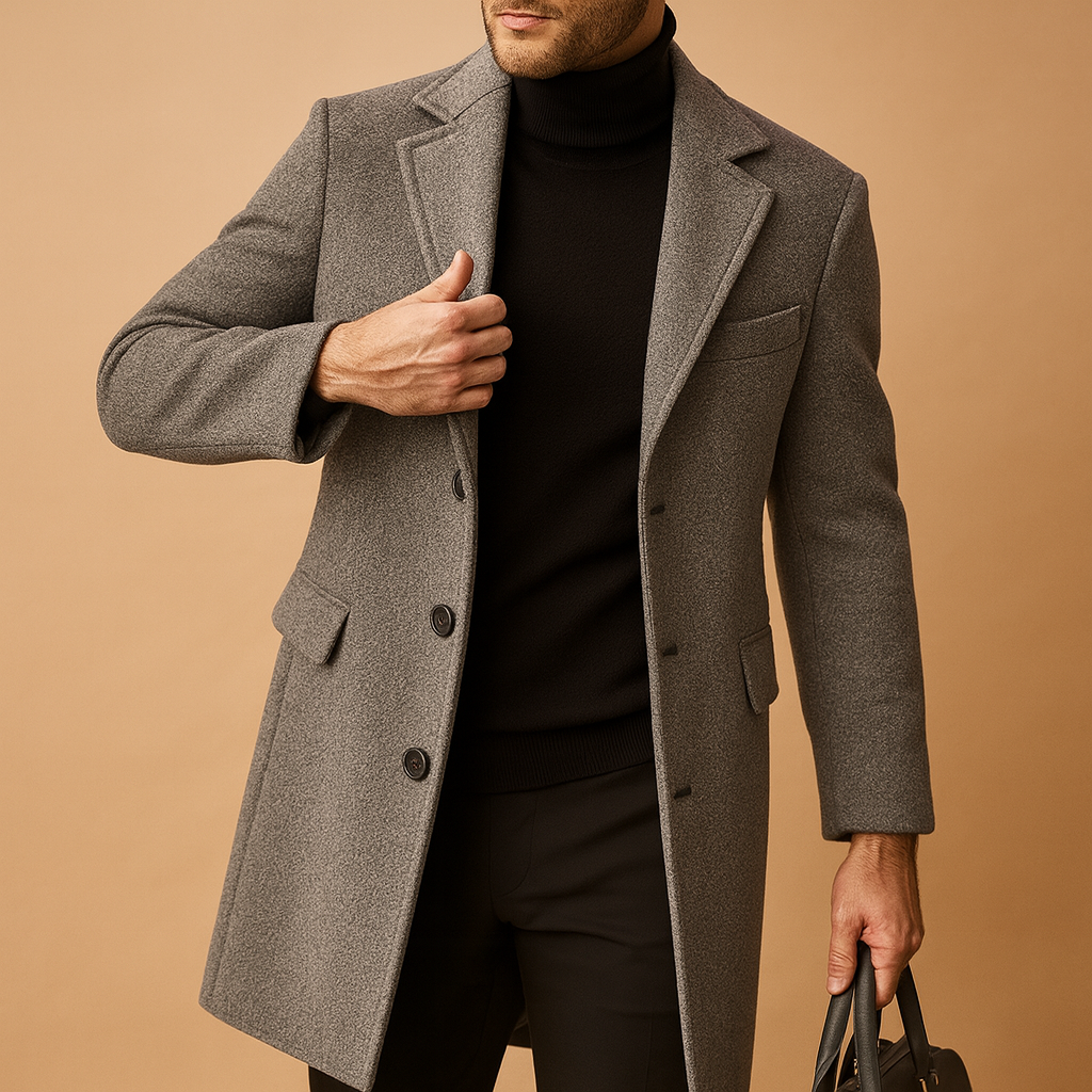 Men’s warm formal overcoat with a relaxed fit and insulating design, suitable for business occasions, daily wear, and cold autumn and winter days.