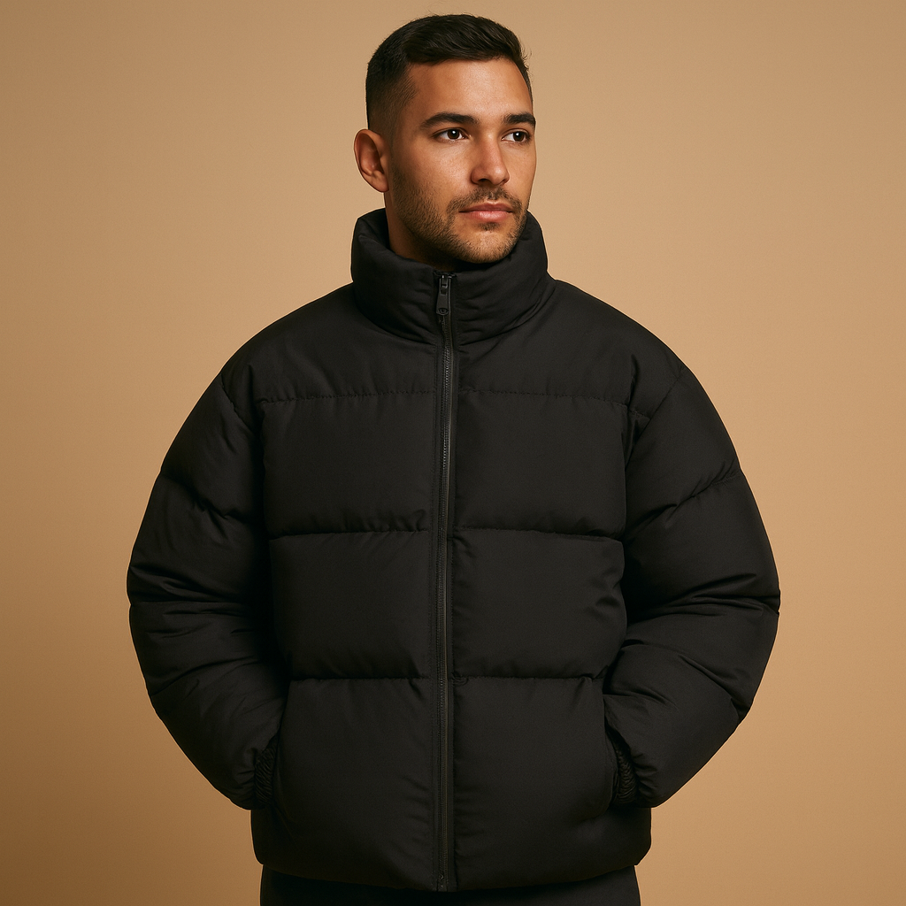 Men’s warm winter jacket with a high collar, regular fit, and sleek silhouette, suitable for daily wear and cold winter evenings.