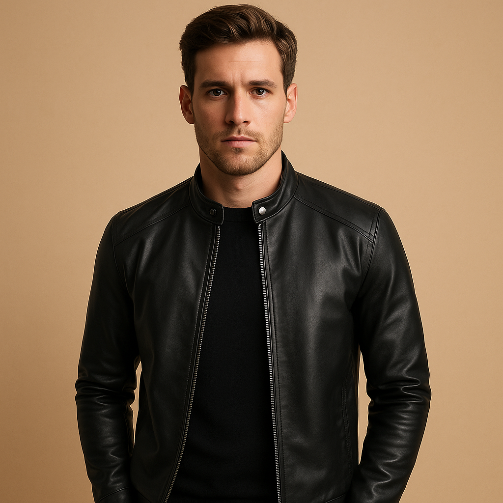 Men’s waterproof biker jacket with a tailored fit and soft inner lining, suitable for motor rides, casual outings, and everyday wear.