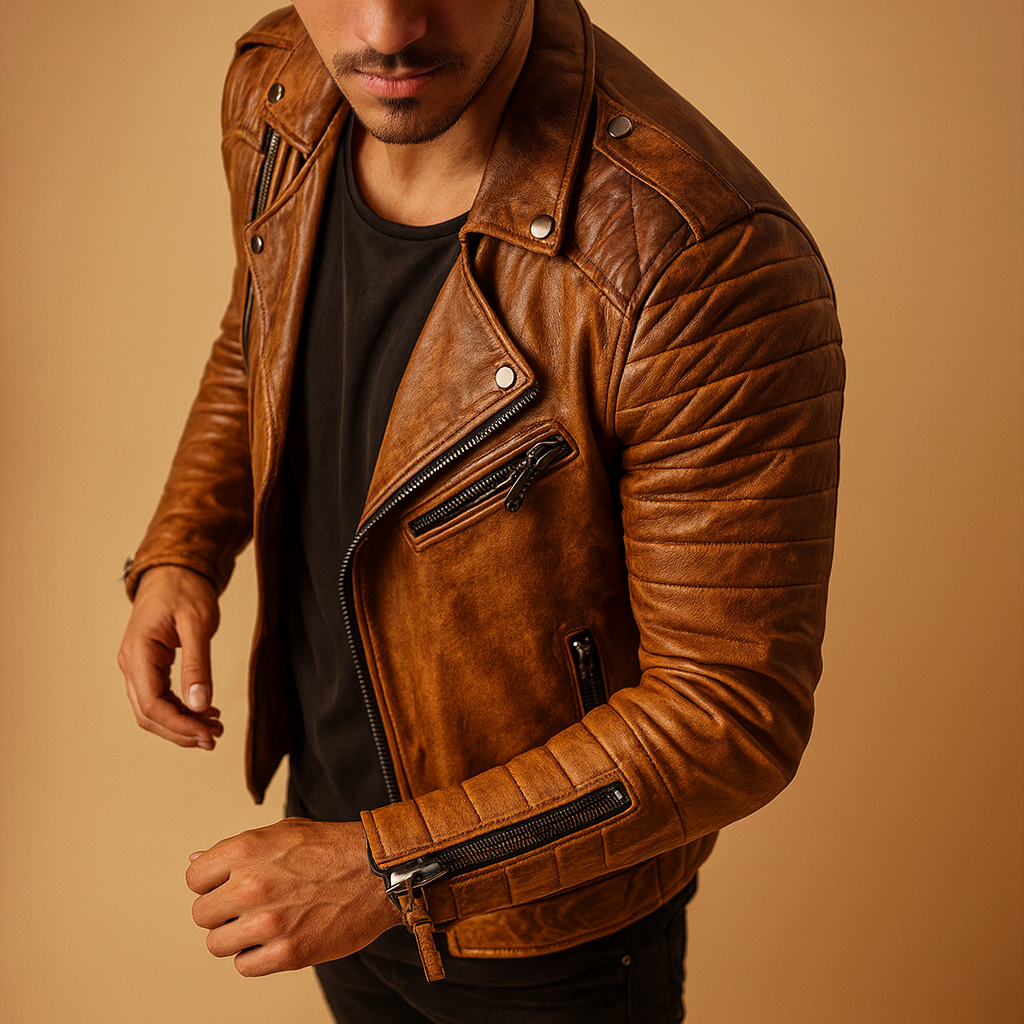 Men’s waterproof biker jacket with wind resistance and soft inner lining, suitable for casual wear, business outfits, and rainy autumn or winter days.