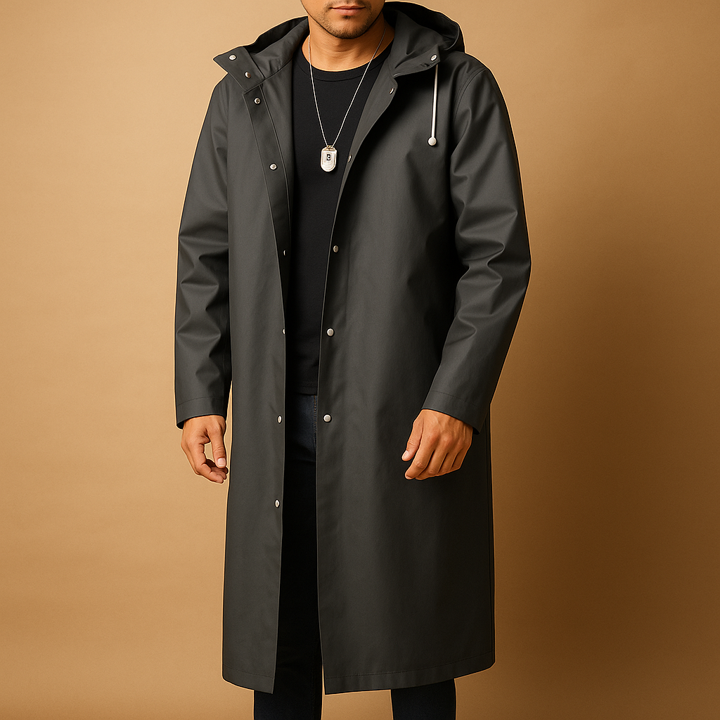 Men’s waterproof long raincoat with full coverage and comfortable fit, suitable for walking, camping, and outdoor activities in rainy weather.