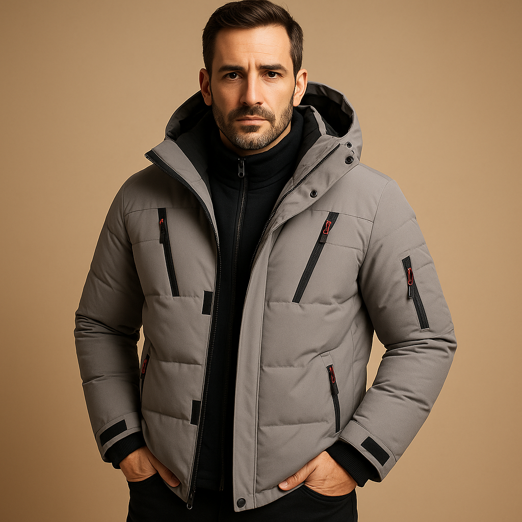 Men’s waterproof winter jacket with adjustable hood and insulating lining, suitable for outdoor activities, commuting, and daily winter wear.