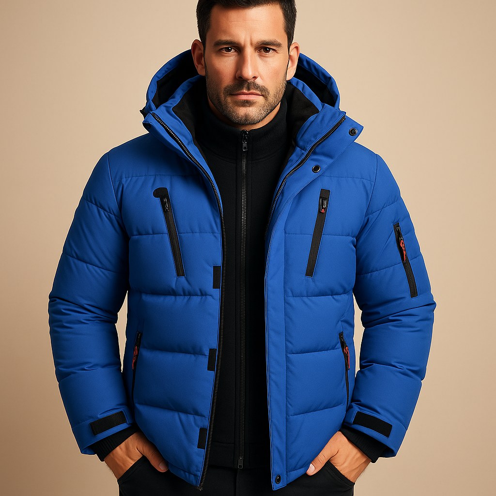 Men’s waterproof winter jacket with adjustable hood and insulating lining, suitable for outdoor activities, commuting, and daily winter wear.