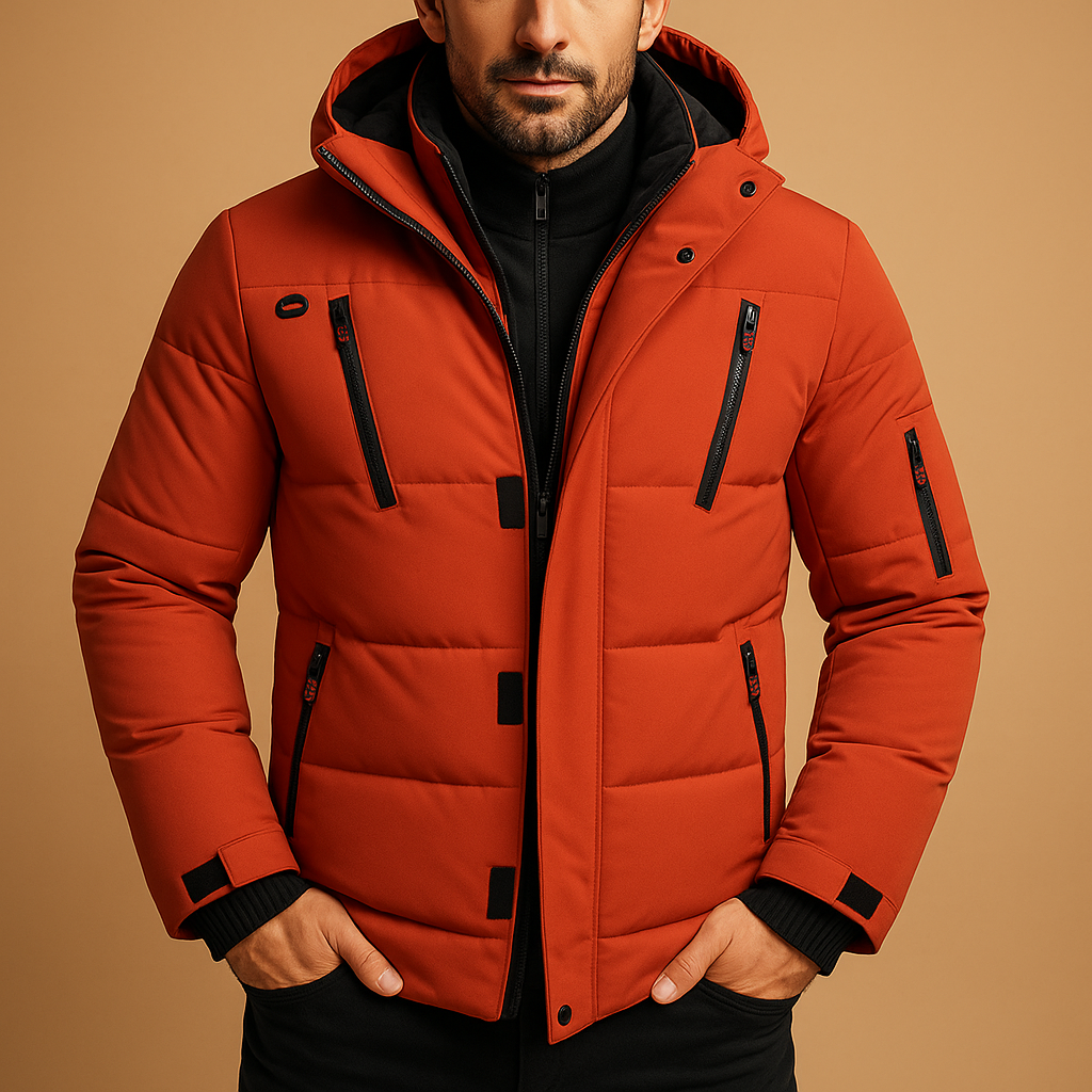 Men’s waterproof winter jacket with adjustable hood and insulating lining, suitable for outdoor activities, commuting, and daily winter wear.