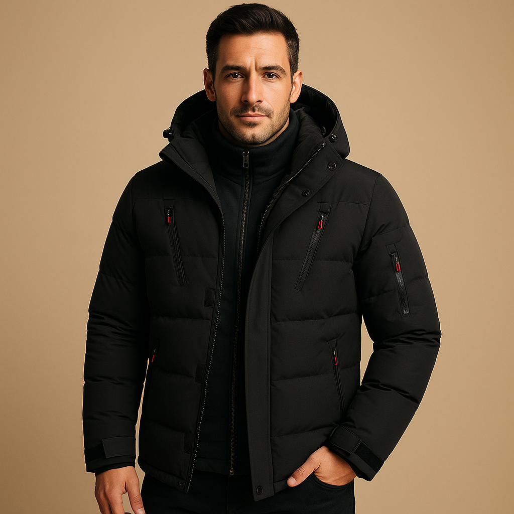 Men’s waterproof winter jacket with adjustable hood and insulating lining, suitable for outdoor activities, commuting, and daily winter wear.