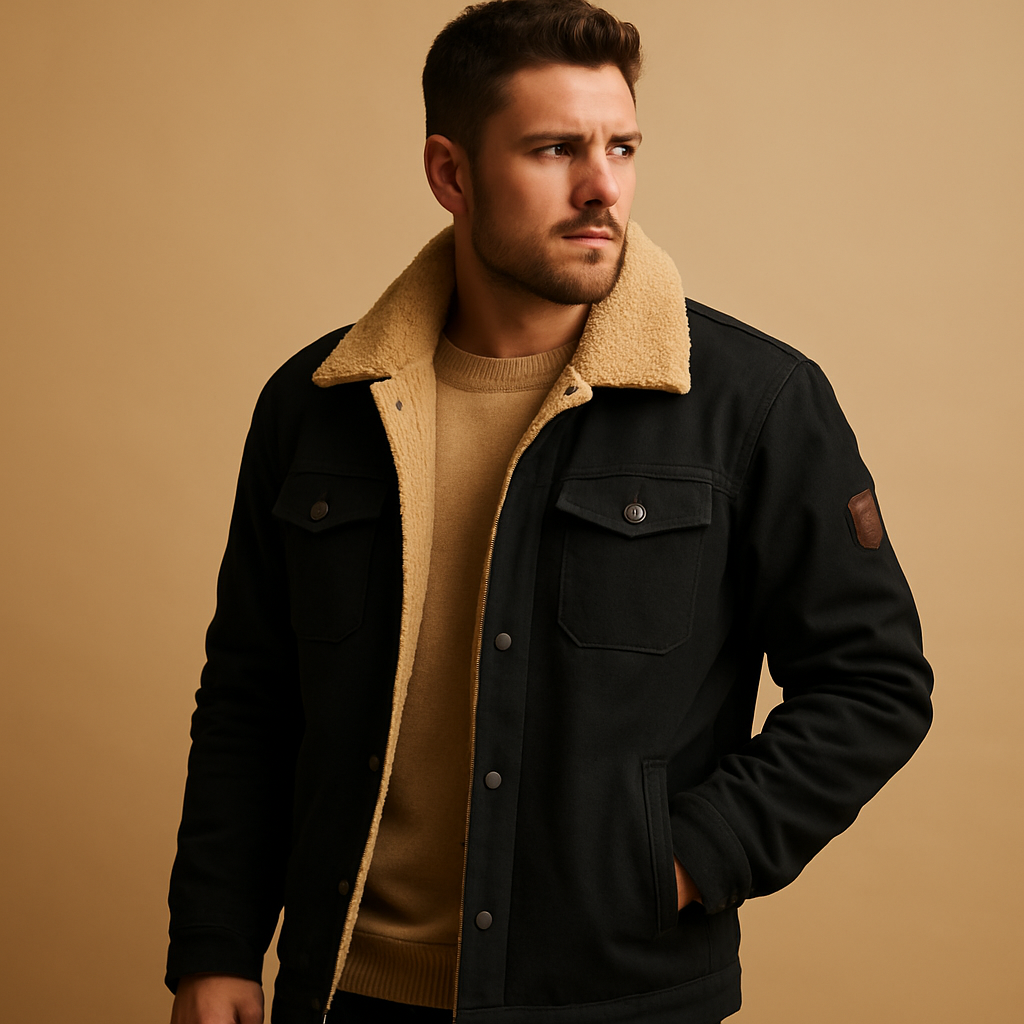 Men’s winter bomber jacket with ribbed cuffs and hem, warm insulating lining, and classic design for casual winter wear.