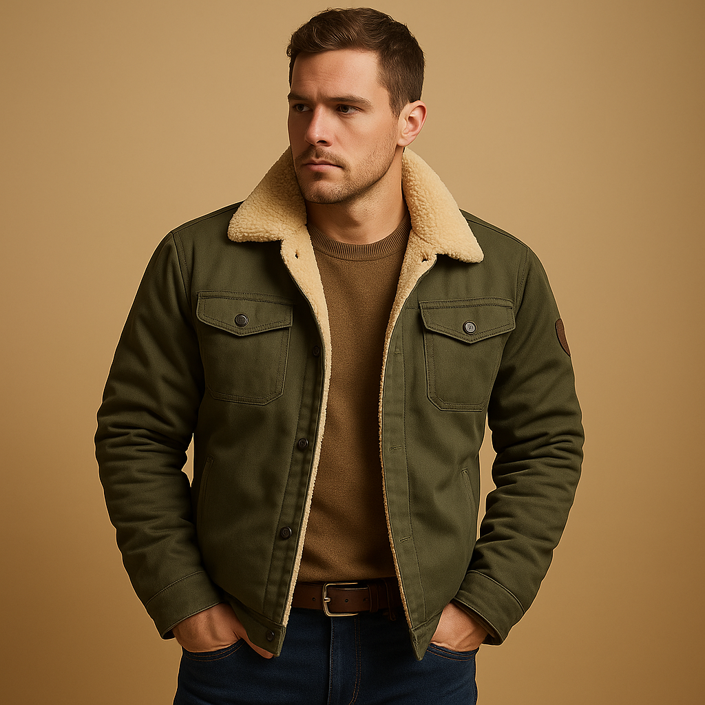 Men’s winter bomber jacket with ribbed cuffs and hem, warm insulating lining, and classic design for casual winter wear.