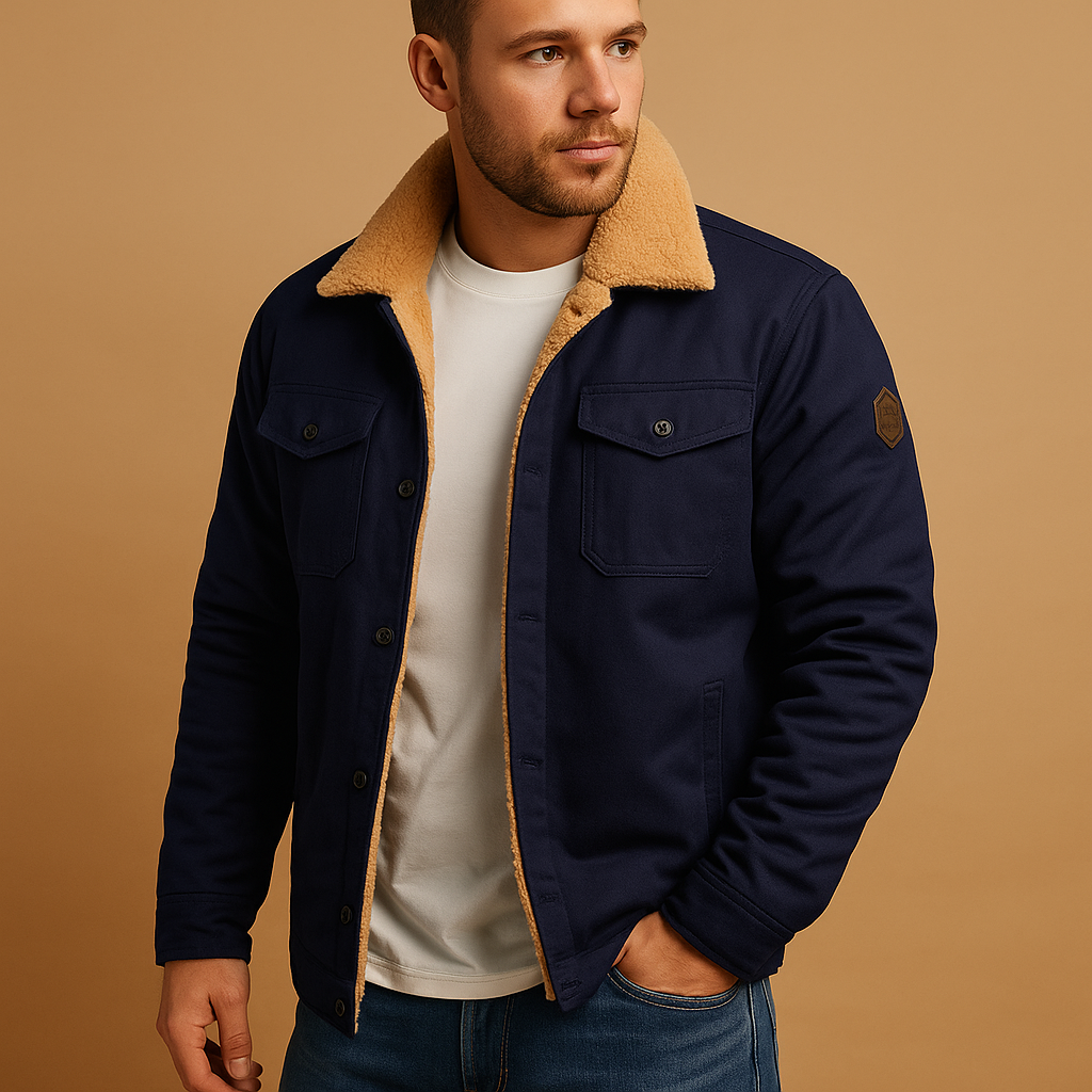 Men’s winter bomber jacket with ribbed cuffs and hem, warm insulating lining, and classic design for casual winter wear.