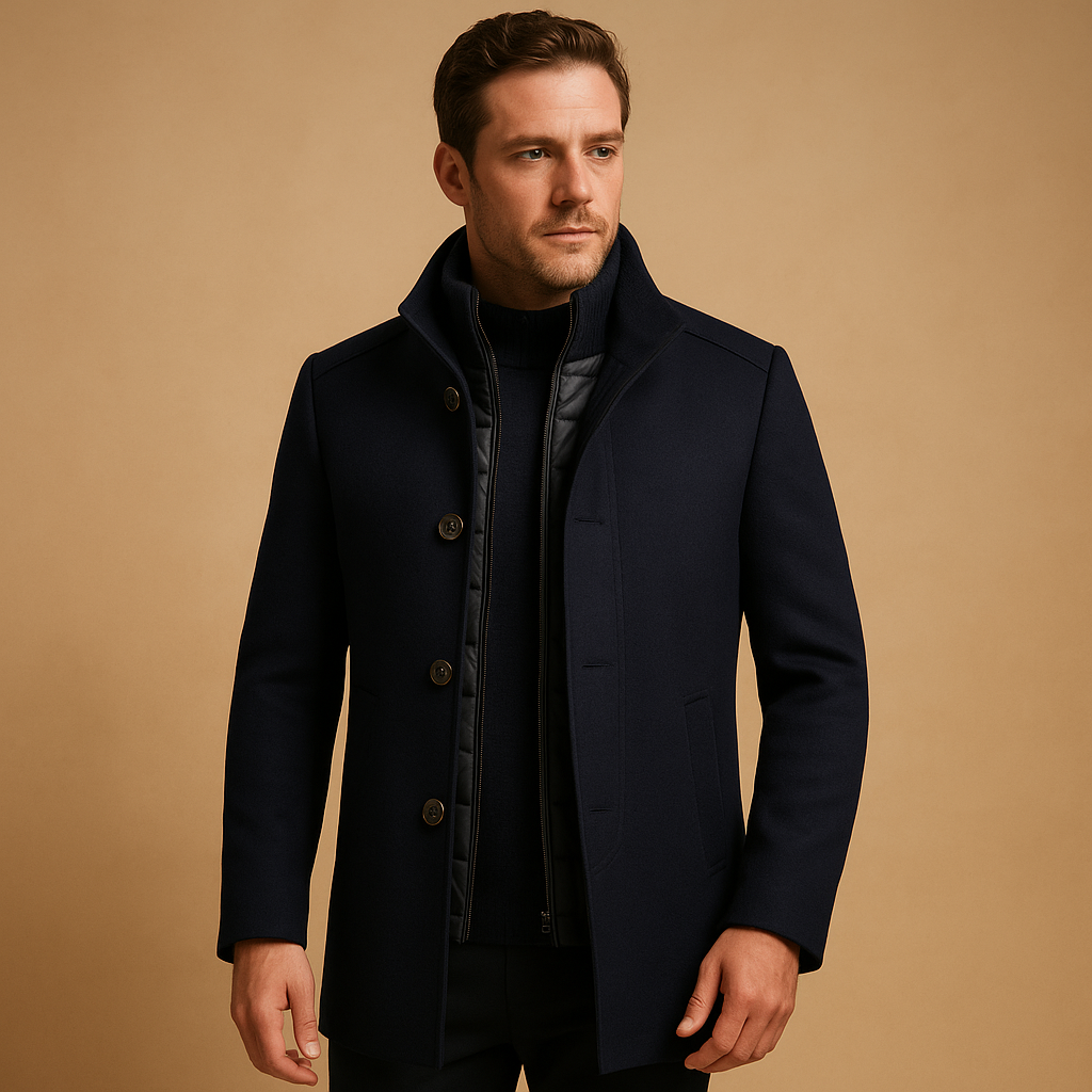 Men’s single breasted wool winter coat with a tailored fit and mandarin collar, suitable for formal occasions and everyday wear in colder seasons.