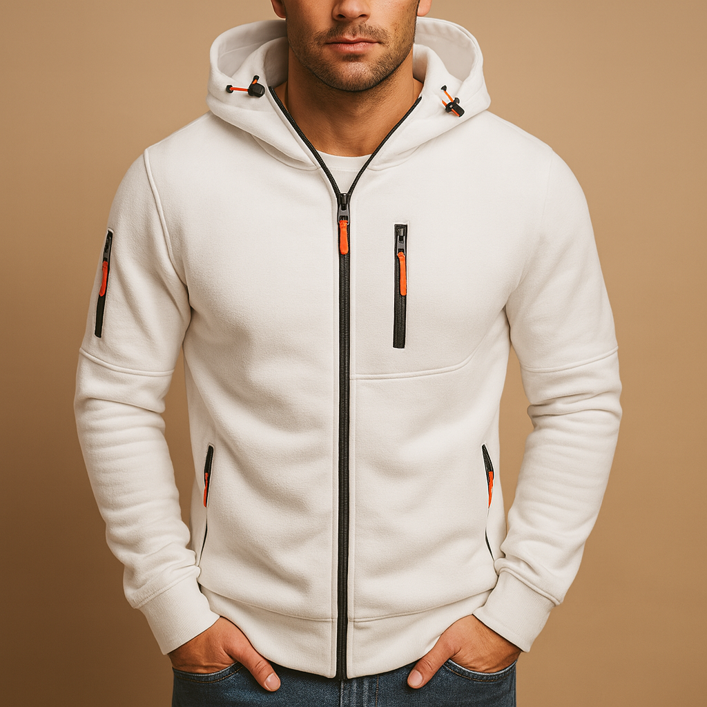 Men’s zipper hoodie with adjustable hood in multiple colors, ideal for casual and sporty wear during autumn and winter.