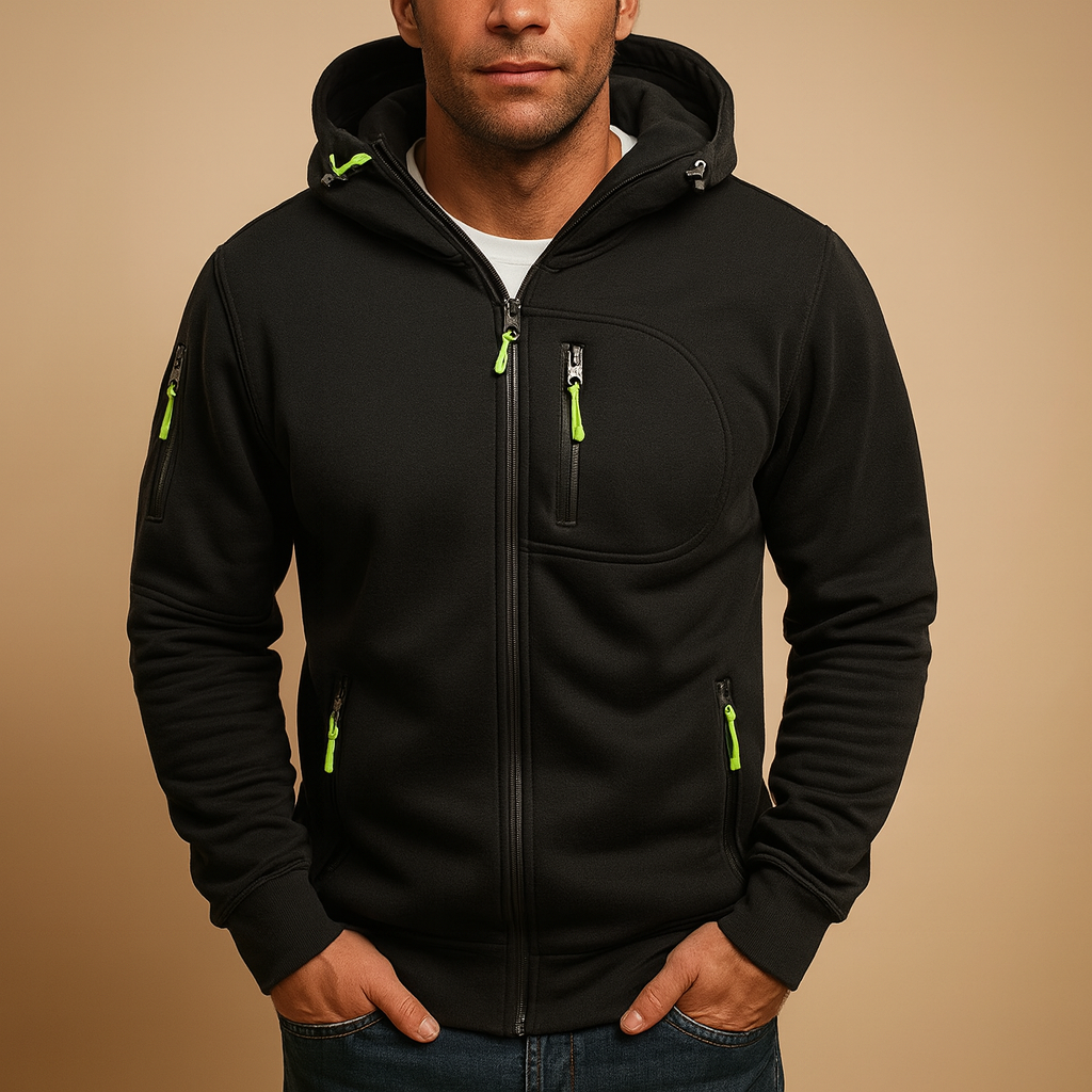 Men’s zipper hoodie with adjustable hood in multiple colors, ideal for casual and sporty wear during autumn and winter.
