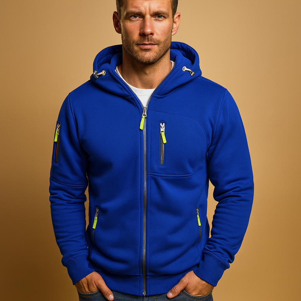 Men’s zipper hoodie with adjustable hood in multiple colors, ideal for casual and sporty wear during autumn and winter.